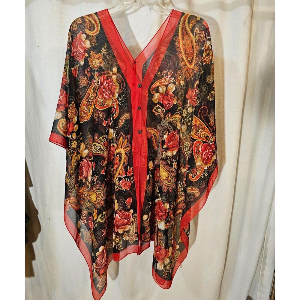 Sheer Floral Paisley Kimono Top Red Black Lightweight Boho Cover Up Free Size